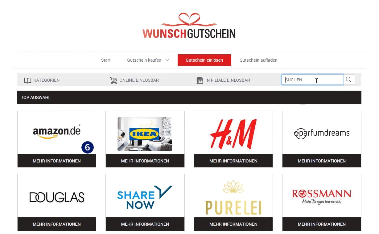 Amazon in der Partnerauswahl des Wunschgutscheins Amazon in der Partnerauswahl des Wunschgutscheins