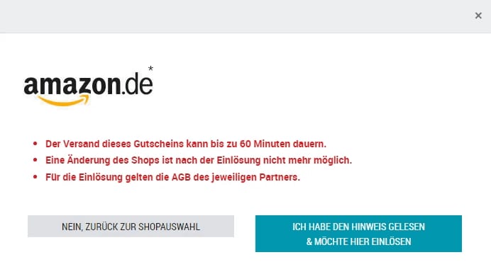Wunschgutschein bei Amazon einlösen: Hinweis bestätigen Wunschgutschein bei Amazon einlösen: Hinweis bestätigen