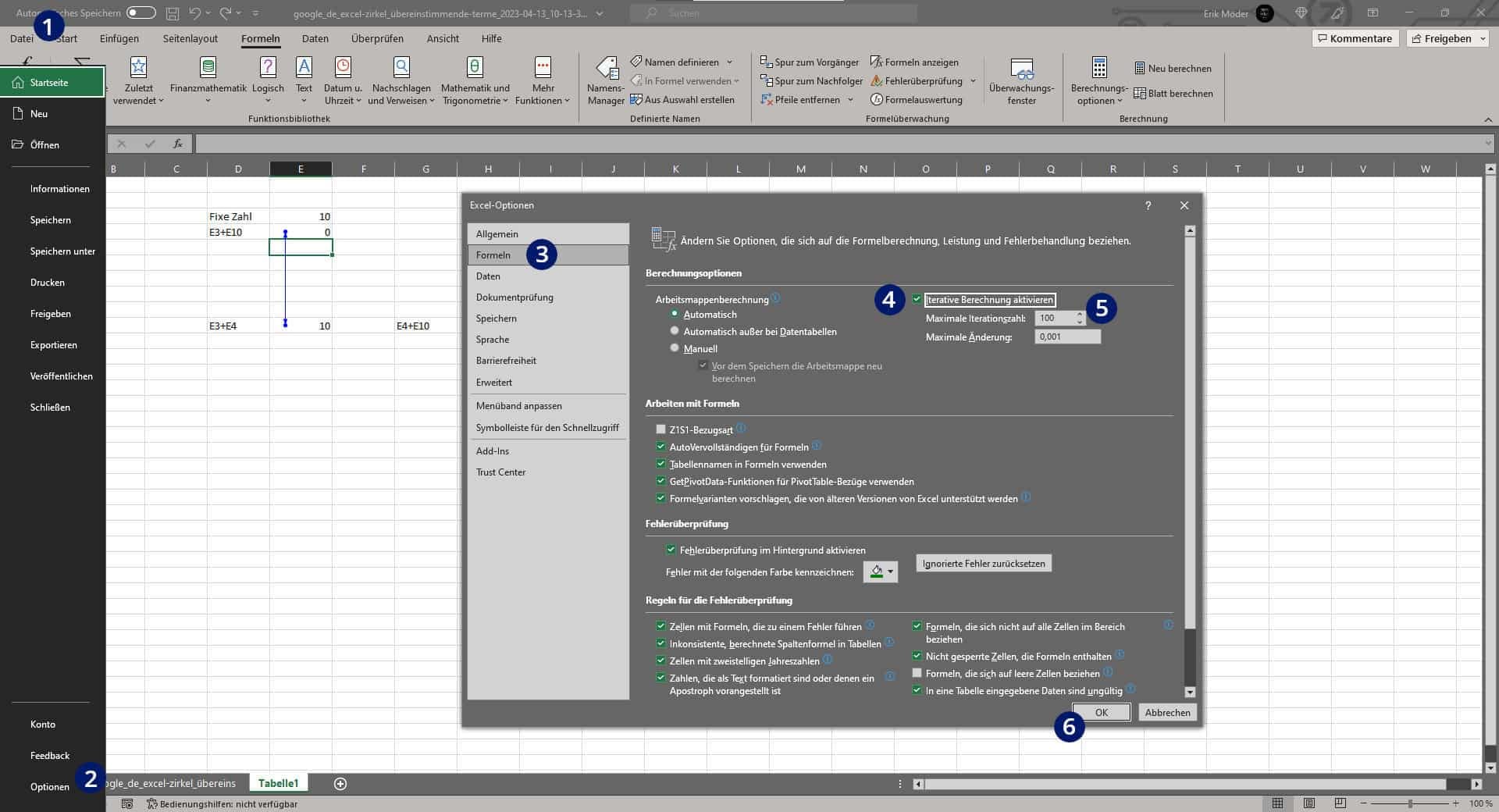 Excel Zirkelbezug zulassen Excel Zirkelbezug zulassen