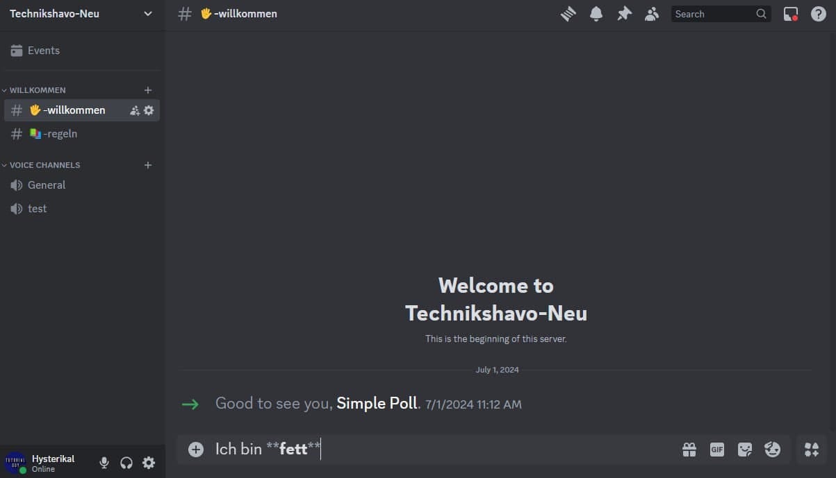 Discord formatieren: Eingabefeld mit dem Text Ich bin fett zwischen je zwei Sternchen, noch nicht abgeschickt Discord formatieren: Eingabefeld mit dem Text Ich bin fett zwischen je zwei Sternchen, noch nicht abgeschickt
