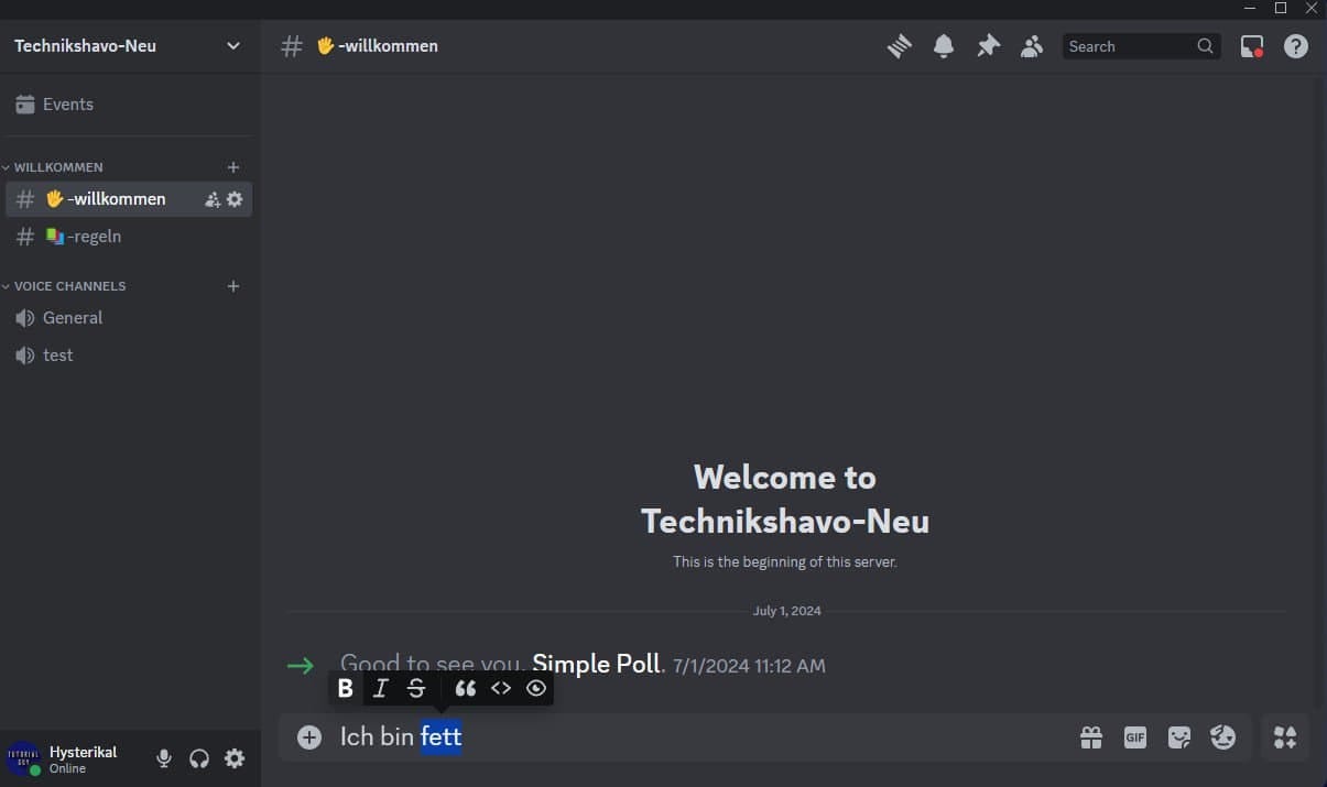 Fett schreiben in Discord per Knopfdruck: markiertes Wort fett mit dem Formatierungsmenü und der Schaltfläche B Fett schreiben in Discord per Knopfdruck: markiertes Wort fett mit dem Formatierungsmenü und der Schaltfläche B