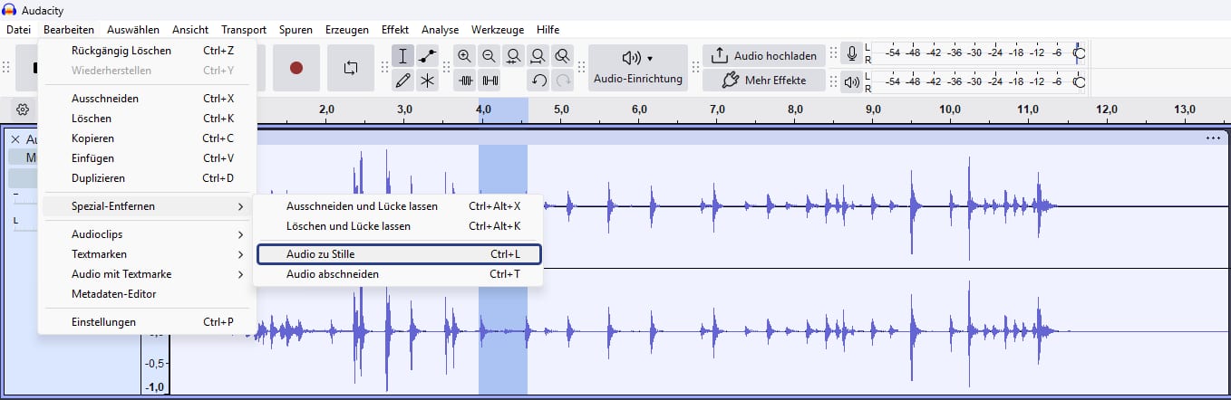 Audacity Audio zu Stille im Menü Bearbeiten unter Spezial-Entfernen