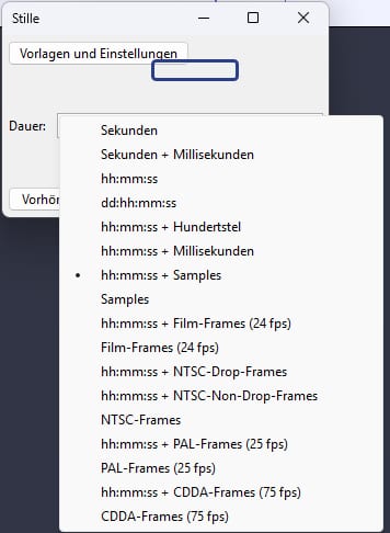 Audacity Stille einfügen: das Feld Dauer auf Sekunden umgestellt