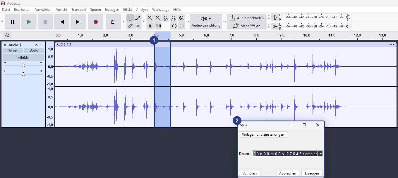 Audacity Stille einfügen im Dialog, mit markiertem Bereich in der Tonspur