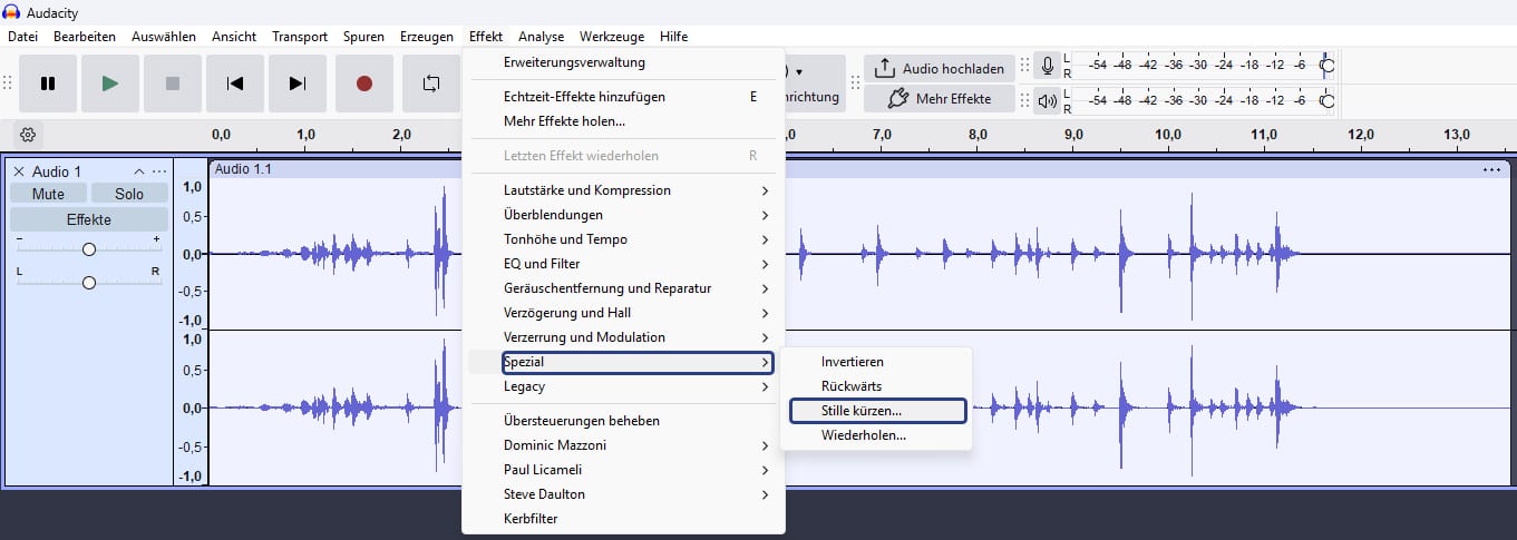 Audacity Stille kürzen im Effekt-Menü unter Spezial