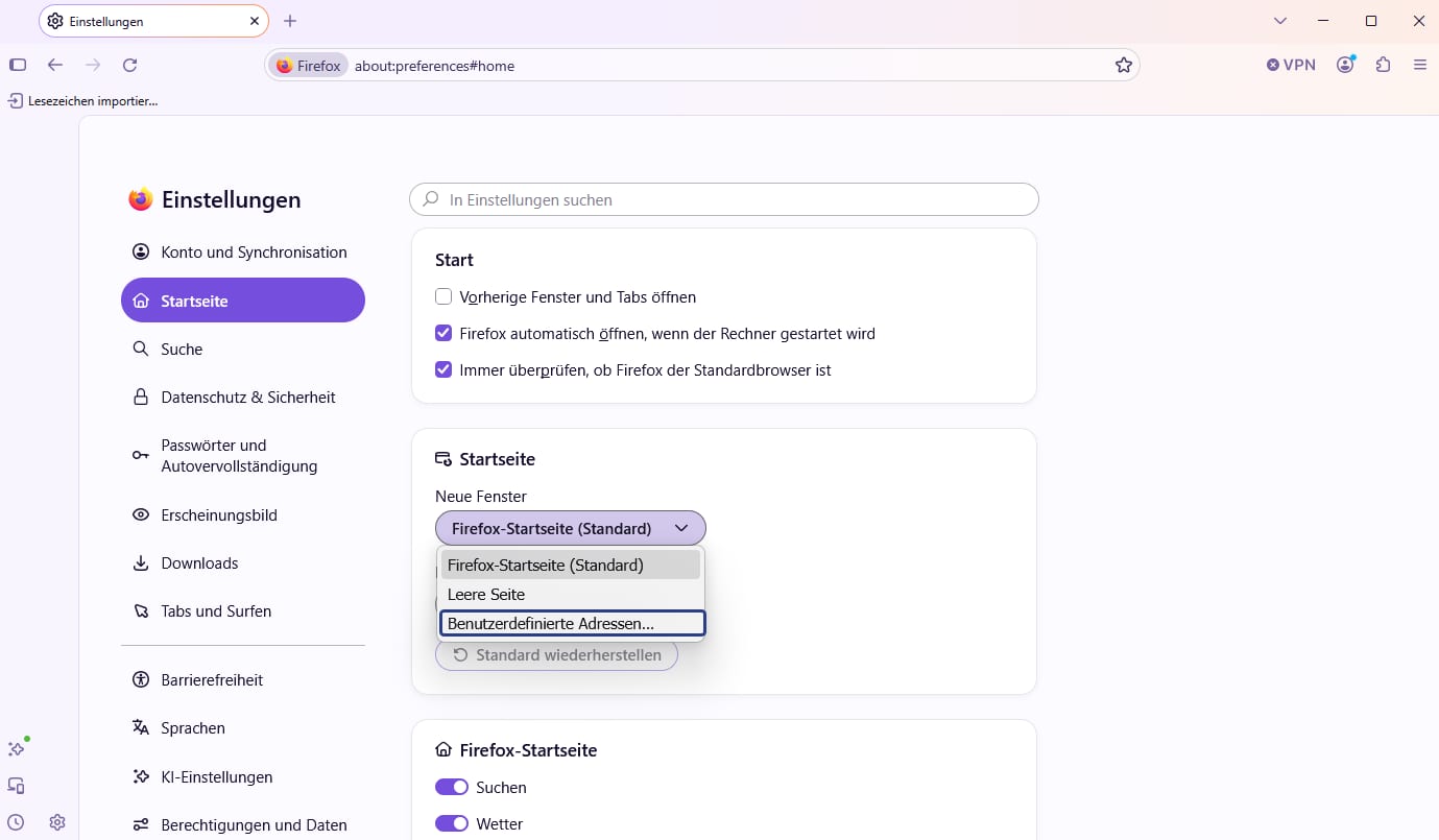 Firefox Startseite festlegen über Benutzerdefinierte Adressen Firefox Startseite festlegen über Benutzerdefinierte Adressen
