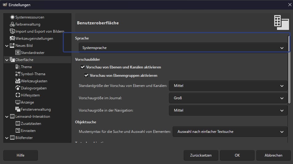 GIMP Sprache ändern: das Feld Sprache mit dem Wert Systemsprache GIMP Sprache ändern: das Feld Sprache mit dem Wert Systemsprache