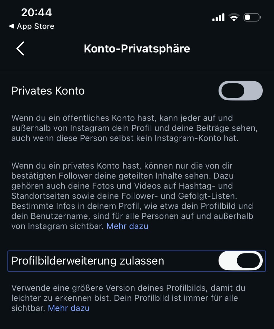 Instagram Profilbild Zoom ausschalten über die Profilbilderweiterung