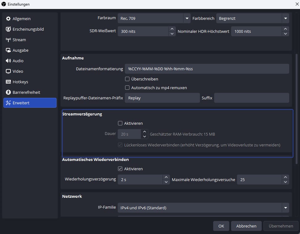 OBS Delay einstellen im Bereich Streamverzögerung OBS Delay einstellen im Bereich Streamverzögerung