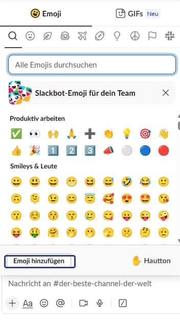 Slack Emoji erstellen über den Knopf Emoji hinzufügen