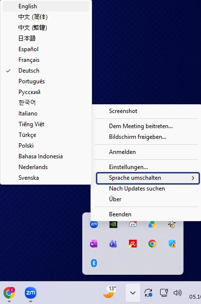 Zoom Sprache ändern über das Taskleisten-Symbol Zoom Sprache ändern über das Taskleisten-Symbol