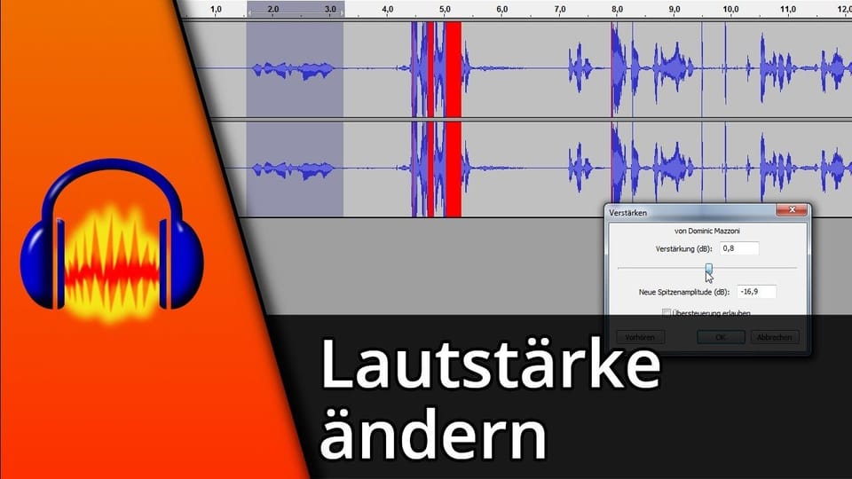 Audacity Lautstärke anpassen (in markierten Bereichen) | Tutorial: Vorschaubild zum YouTube-Tutorial von TechnikShavo