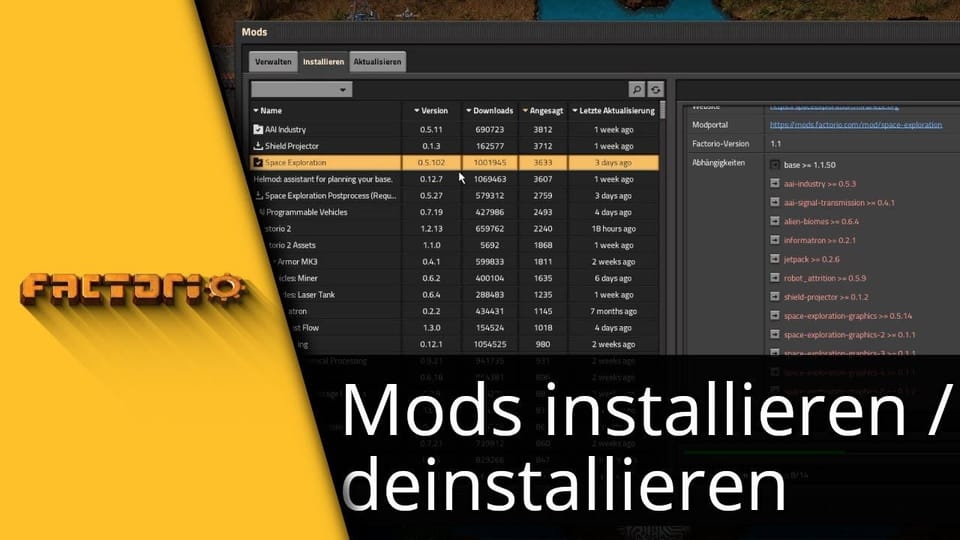 Factorio Mods installieren / deinstallieren | Tutorial: Vorschaubild zum YouTube-Tutorial von TechnikShavo