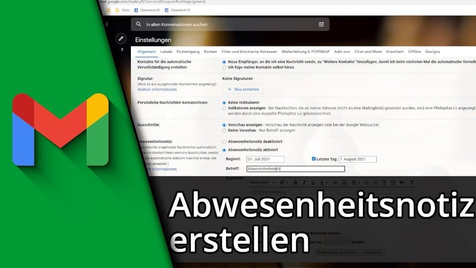Gmail Abwesenheitsnotiz einrichten / deaktivieren | Tutorial: Vorschaubild zum YouTube-Tutorial von TechnikShavo