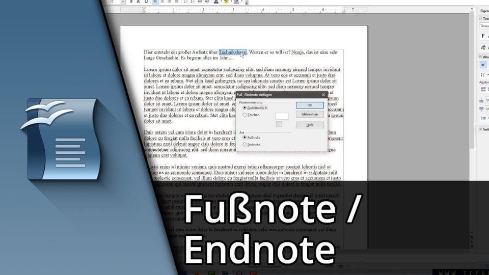 Open Office Fußnote / Endnote einfügen | Tutorial: Vorschaubild zum YouTube-Tutorial von TechnikShavo