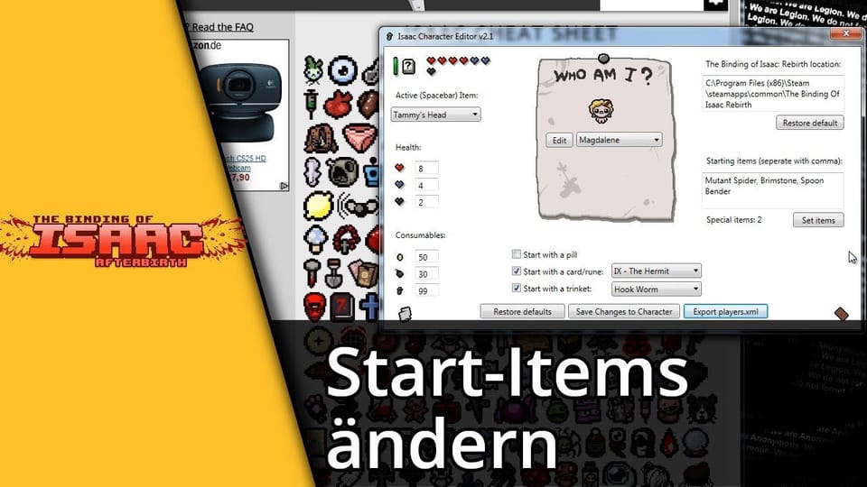 The Binding of Isaac Start Items ändern (Character Editor) | Tutorial: Vorschaubild zum YouTube-Tutorial von TechnikShavo