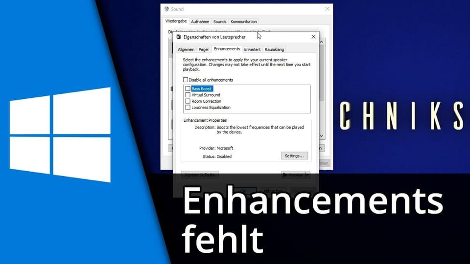 Windows 10 Sound Enhancements Tab fehlt / Lösung: Vorschaubild zum YouTube-Tutorial von TechnikShavo