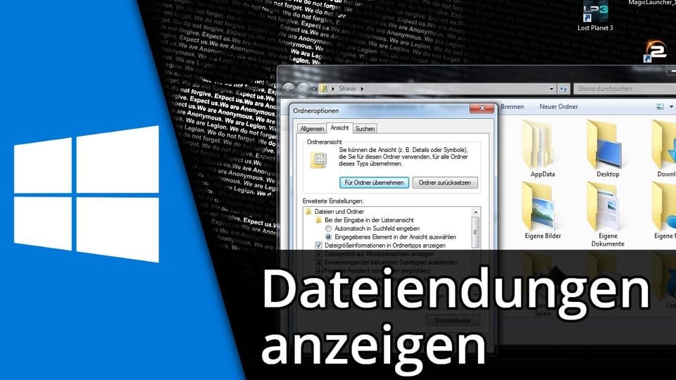 Windows 7 Dateiendungen anzeigen / verbergen | Tutorial: Vorschaubild zum YouTube-Tutorial von TechnikShavo