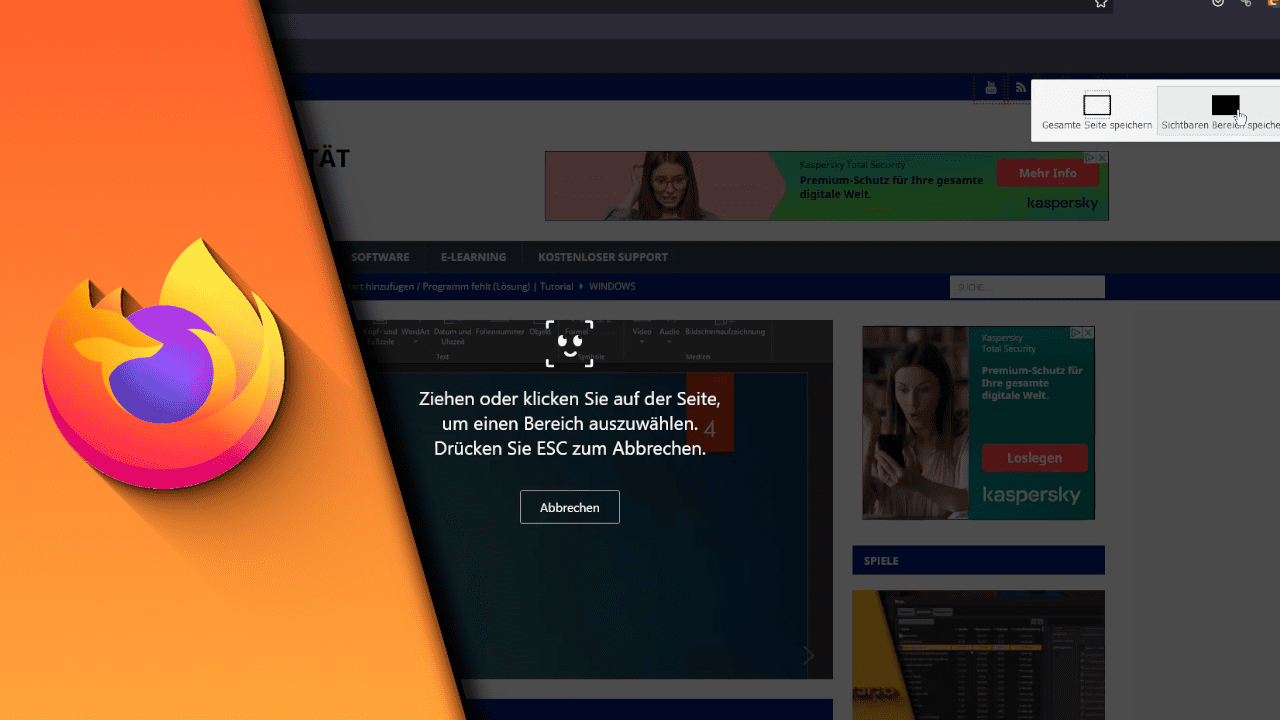 Firefox Screenshot ganze Seite & ausgewählter Bereich Tutorial