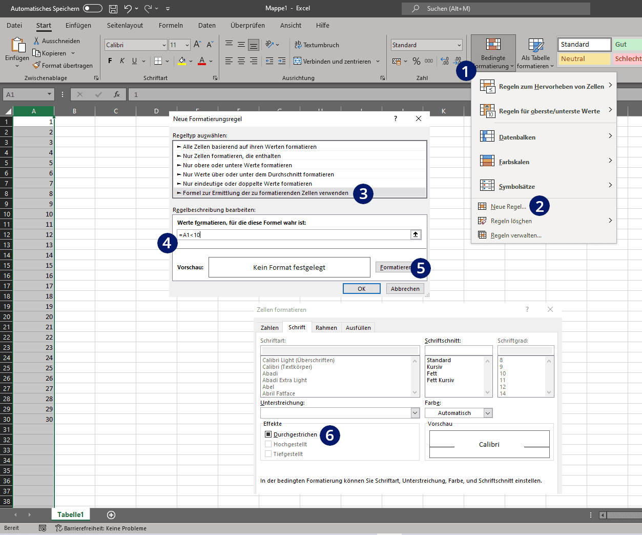 Durchstreichen mit bedingter Formatierung