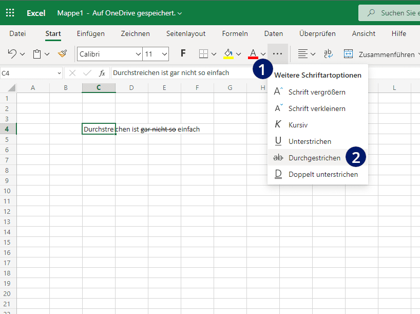 Wort durchstreichen in Excel Online