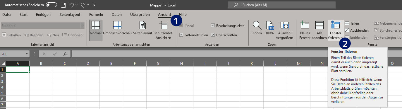 Excel Fenster fixieren