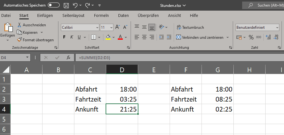 Excel Stunden berechnen