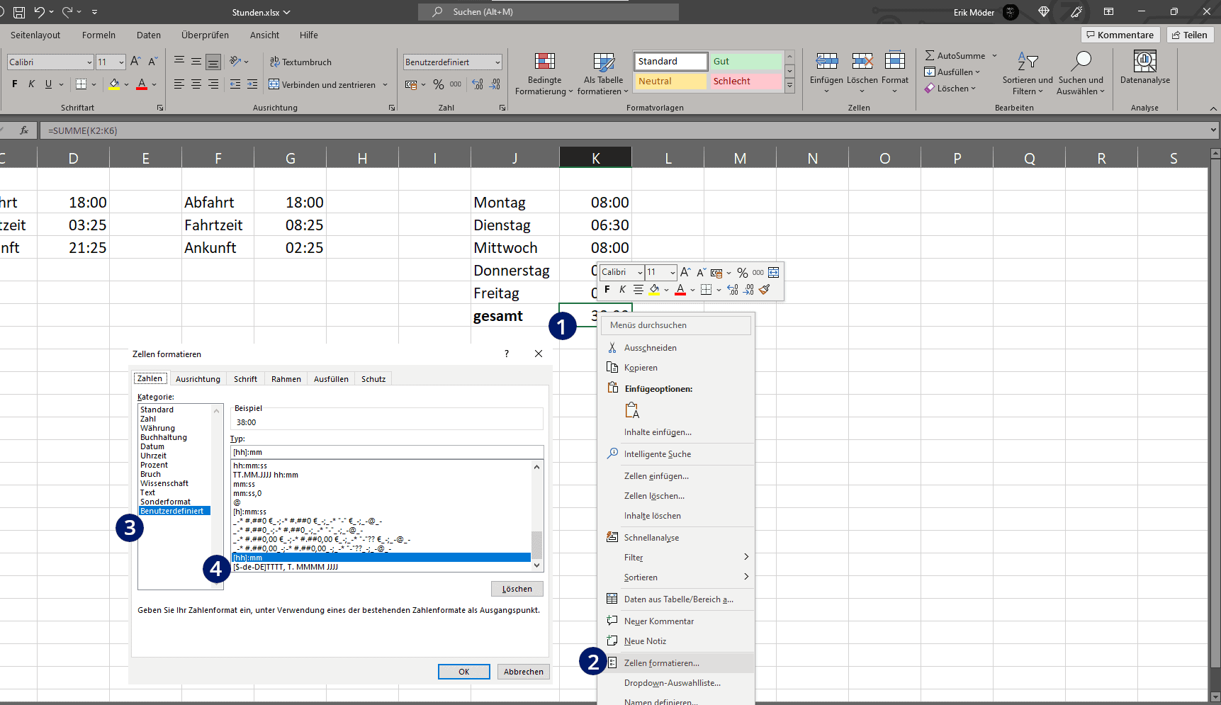 Excel Stunden zusammenrechnen