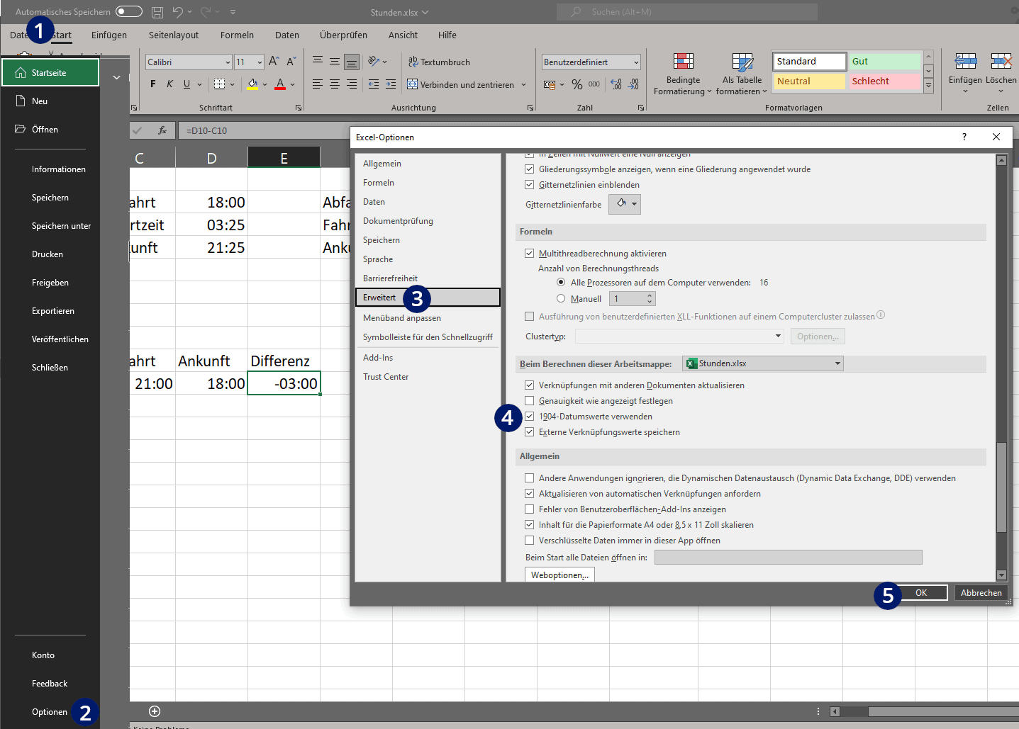 Negative Stunden in Excel anzeigen