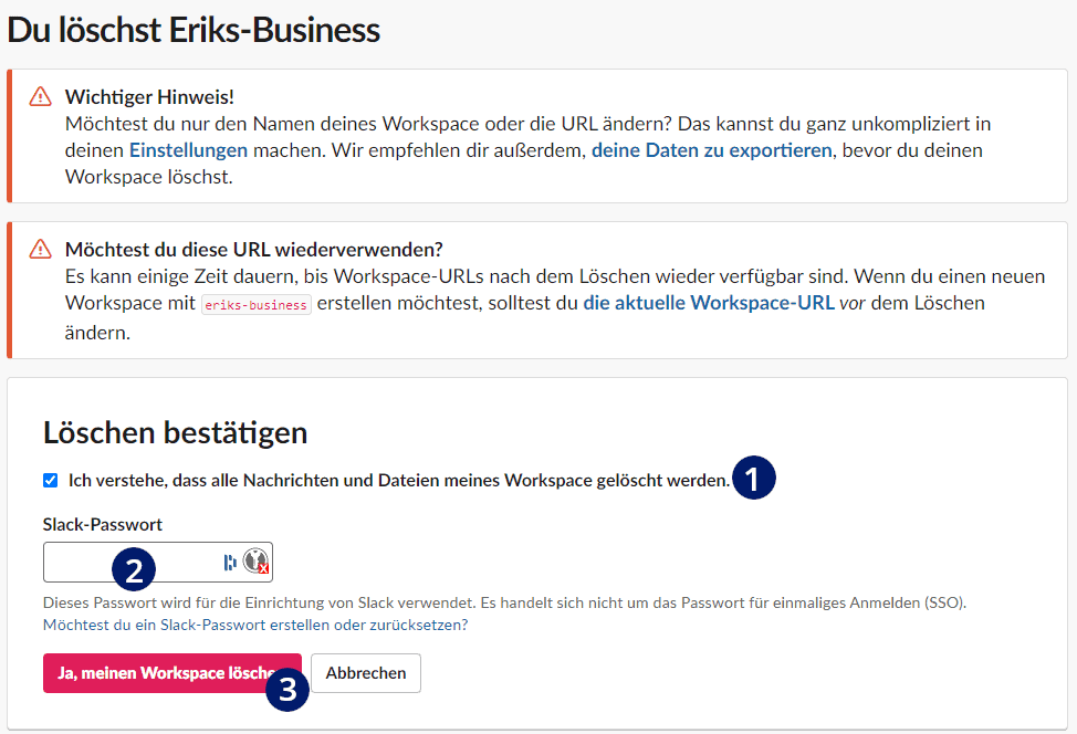 Workspace Löschung bestätigen