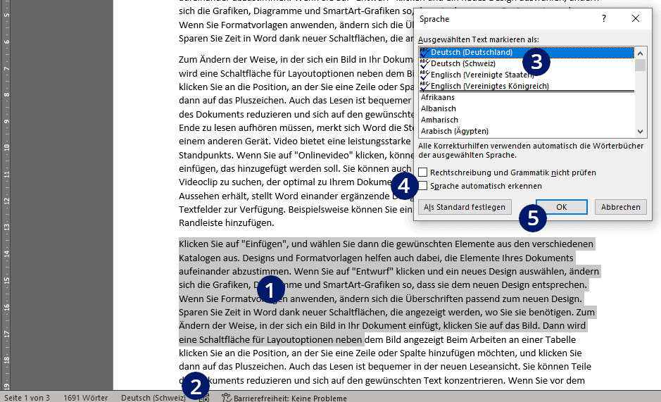 Word laut vorlesen Sprache ändern